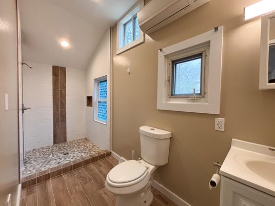 Bathroom, Glass Shower, Interior, Recessed Lighting, Wood Texture Flooring