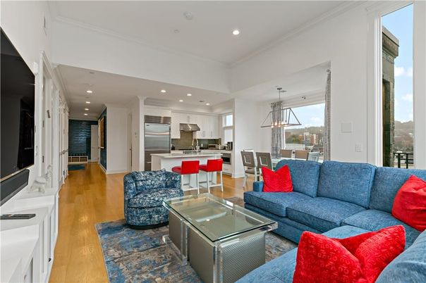 Dining room, Interior, Kitchen, Living room, Pendant Lights, Recessed Lighting, Stainless Steel Appliances, Wood Texture Flooring