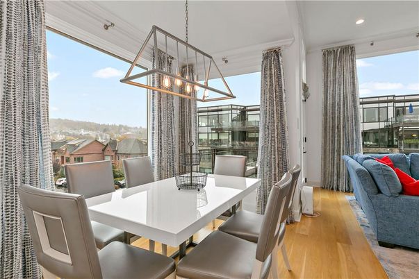 Dining room, Interior, Pendant Lights, Recessed Lighting, Wood Texture Flooring