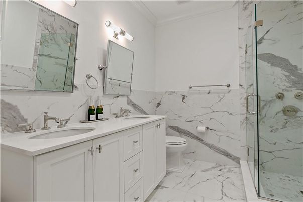 Bathroom, Dual Sink Vanities, Glass Shower, Interior, Marble, Marble Walls