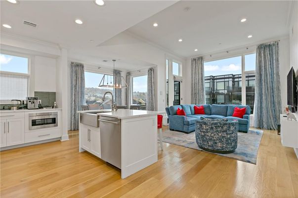 Interior, Kitchen, Living room, Pendant Lights, Recessed Lighting, Stainless Steel Appliances, Wood Texture Flooring