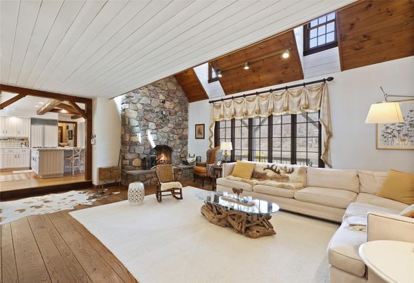 Fireplace, Interior, Kitchen, Living room, Recessed Lighting, Stone Walls, Wooden Ceilings, Wood Texture Flooring
