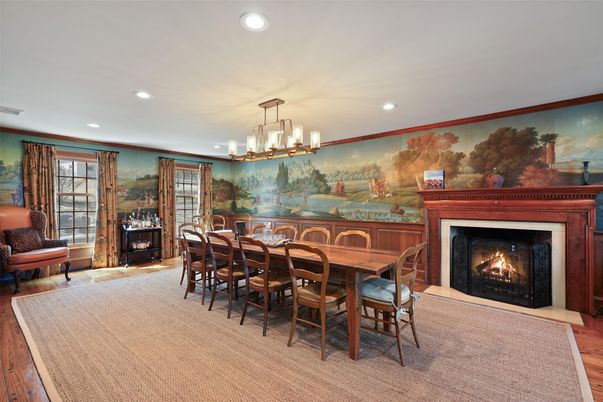 Chandelier, Dining room, Fireplace, Interior, Recessed Lighting, Wood Texture Flooring