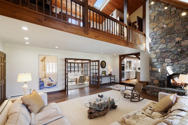Fireplace, Interior, Living room, Recessed Lighting, Stone Walls, Wooden Beams, Wooden Ceilings, Wood Texture Flooring