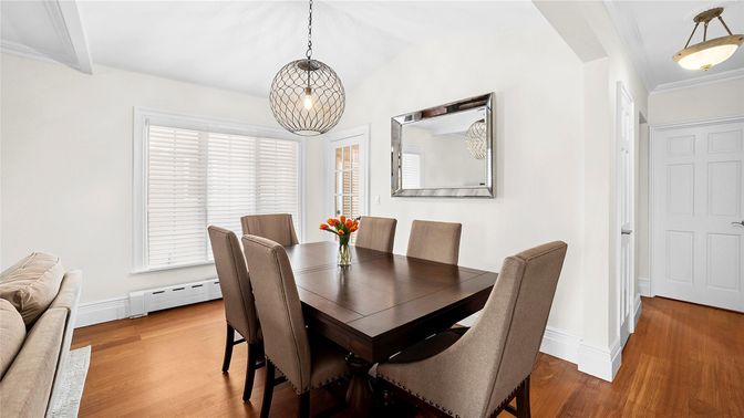 Dining room, Interior, Pendant Lights, Wood Texture Flooring