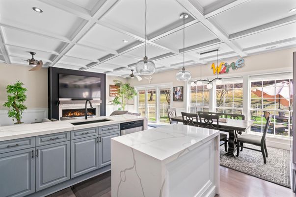 Dining room, Fireplace, Interior, Kitchen, Pendant Lights, Recessed Lighting, Wood Texture Flooring