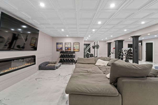 Fireplace, Fitness Equipment, Interior, Living room, Marble, Recessed Lighting
