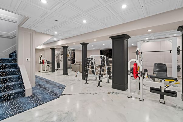Fitness Equipment, Gym, Interior, Marble, Recessed Lighting