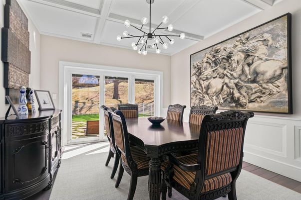 Dining room, Interior, Pendant Lights, Wood Texture Flooring