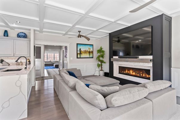 Fireplace, Interior, Living room, Recessed Lighting, Wood Texture Flooring