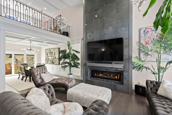 Chandelier, Dining room, Fireplace, Interior, Living room, Recessed Lighting, Wood Texture Flooring