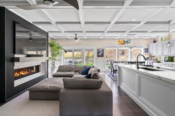 Fireplace, Interior, Kitchen, Living room, Pendant Lights, Recessed Lighting, Wood Texture Flooring