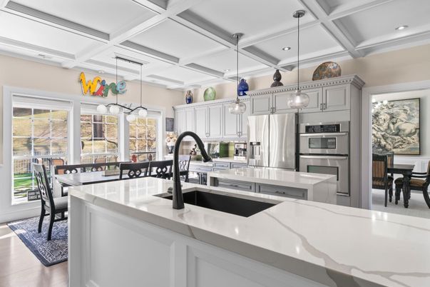 Dining room, Interior, Kitchen, Pendant Lights, Recessed Lighting, Stainless Steel Appliances, Wood Texture Flooring