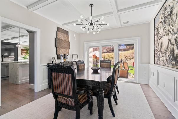 Dining room, Interior, Kitchen, Pendant Lights, Wood Texture Flooring