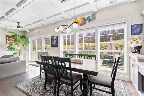 Dining room, Fireplace, Interior, Pendant Lights, Wood Texture Flooring