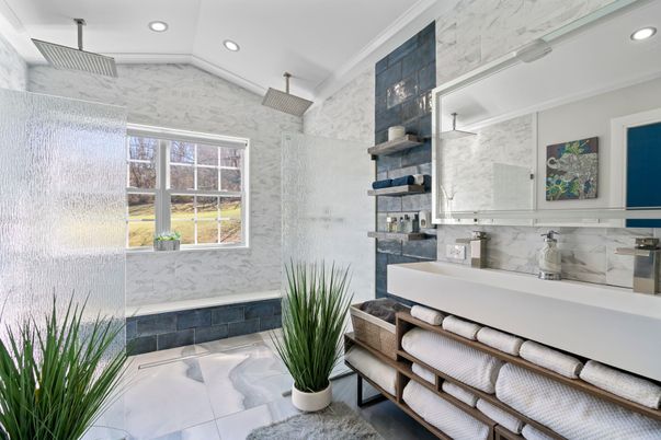 Bathroom, Interior, Marble Walls, Recessed Lighting