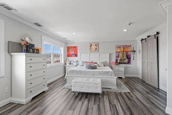 Bedroom, Interior, Recessed Lighting, Wood Texture Flooring