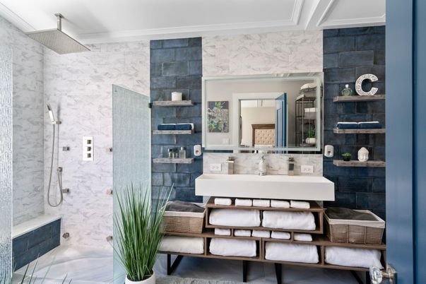 Bathroom, Glass Shower, Interior, Marble Walls