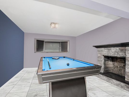 Billiard Table, Fireplace, Game Room, Interior, Marble
