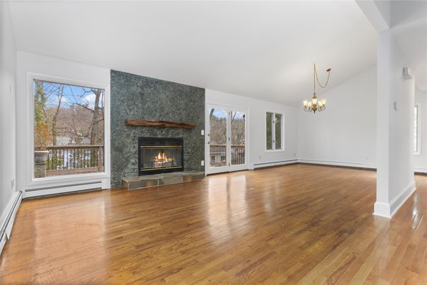 Chandelier, Empty room, Fireplace, Interior, Wood Texture Flooring