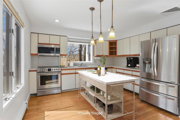 Interior, Kitchen, Pendant Lights, Recessed Lighting, Stainless Steel Appliances, Wood Texture Flooring
