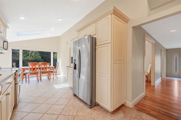 Dining room, Interior, Kitchen, Recessed Lighting, Stainless Steel Appliances, Wood Texture Flooring