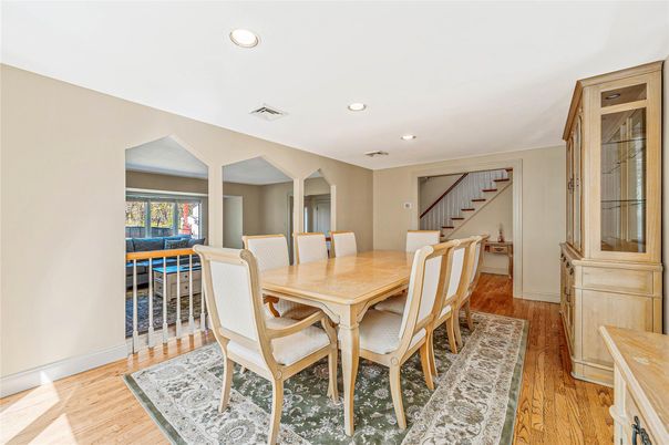Dining room, Interior, Recessed Lighting, Wood Texture Flooring