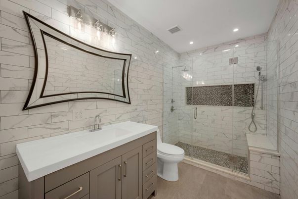 Bathroom, Glass Shower, Interior, Marble Walls, Recessed Lighting