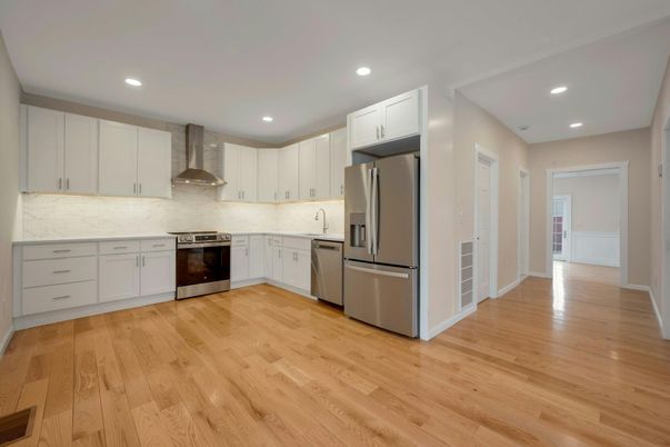 Interior, Kitchen, Recessed Lighting, Stainless Steel Appliances, Wood Texture Flooring