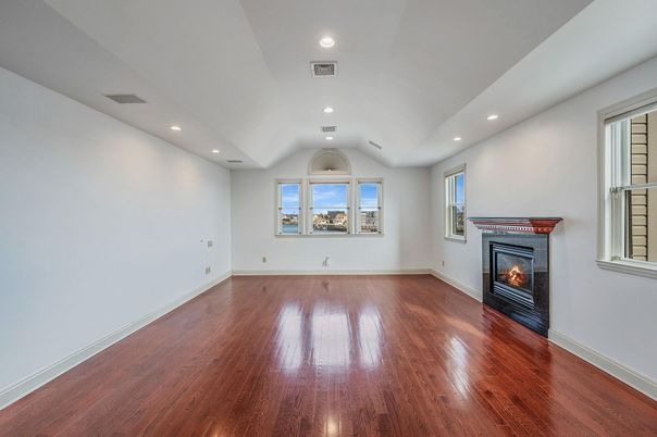 Empty room, Fireplace, Interior, Recessed Lighting, Wood Texture Flooring
