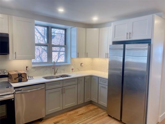 Interior, Kitchen, Recessed Lighting, Stainless Steel Appliances, Wood Texture Flooring