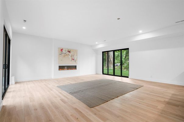 Empty room, Fireplace, Interior, Recessed Lighting, Wood Texture Flooring