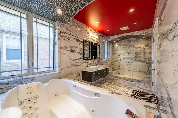 Bathroom, Glass Shower, Interior, Marble, Marble Walls, Recessed Lighting