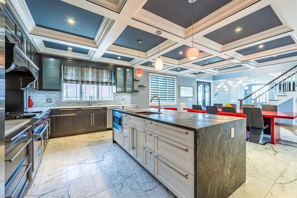 Dining room, Interior, Kitchen, Marble, Pendant Lights, Recessed Lighting, Stainless Steel Appliances