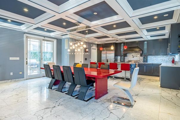 Dining room, Interior, Kitchen, Marble, Pendant Lights, Recessed Lighting
