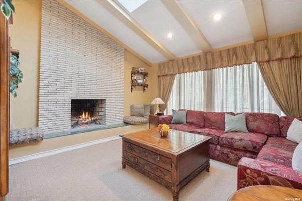 Fireplace, Interior, Living room, Recessed Lighting, Stone Walls