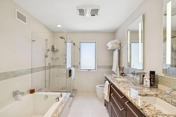 Bathroom, Dual Sink Vanities, Glass Shower, Interior, Recessed Lighting