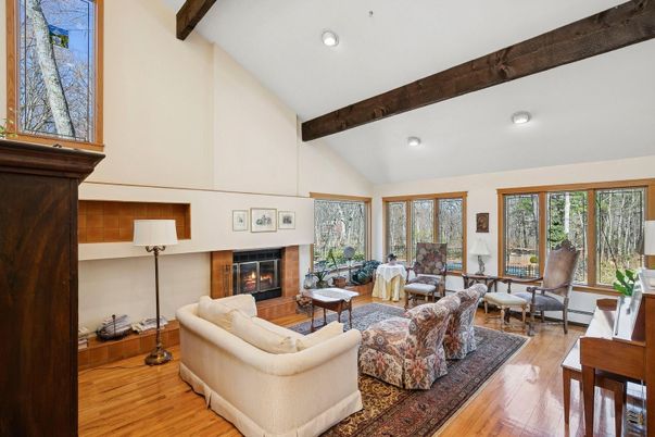 Fireplace, Interior, Living room, Recessed Lighting, Wooden Beams, Wood Texture Flooring