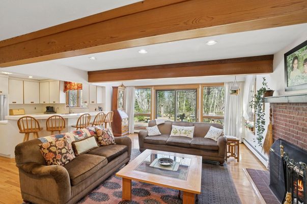Fireplace, Interior, Kitchen, Living room, Recessed Lighting, Stone Walls, Wooden Beams, Wood Texture Flooring