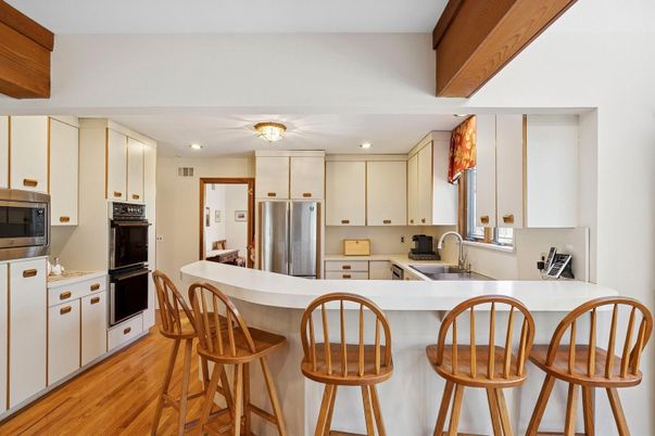 Interior, Kitchen, Recessed Lighting, Stainless Steel Appliances, Wooden Beams, Wood Texture Flooring