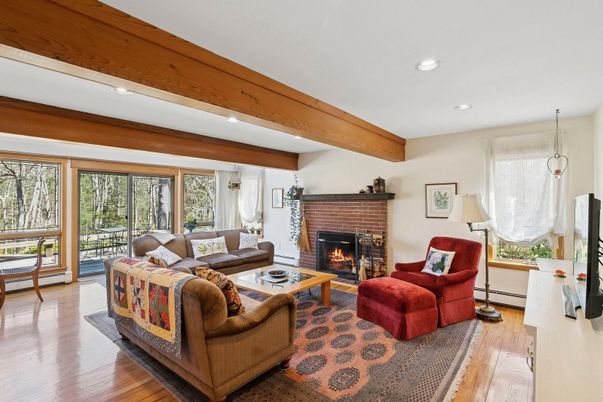Fireplace, Interior, Living room, Pendant Lights, Recessed Lighting, Wooden Beams, Wood Texture Flooring