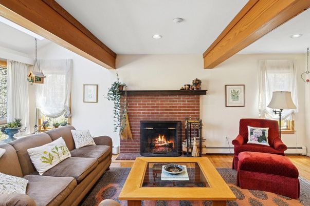 Fireplace, Interior, Living room, Pendant Lights, Recessed Lighting, Wooden Beams, Wood Texture Flooring
