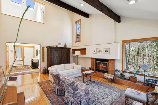 Fireplace, Interior, Living room, Recessed Lighting, Wooden Beams, Wood Texture Flooring