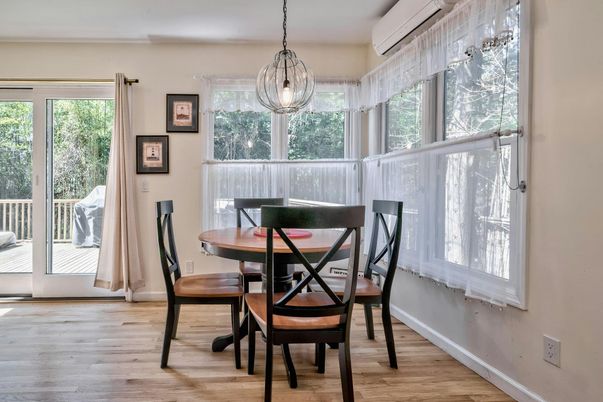Dining room, Interior, Pendant Lights, Wood Texture Flooring