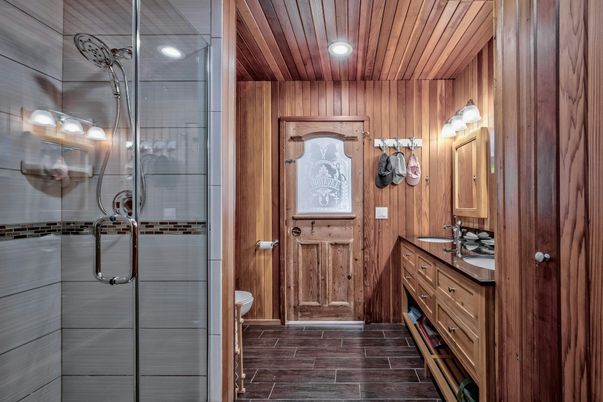 Bathroom, Interior, Recessed Lighting, Wooden Ceilings, Wood Texture Flooring, Wooden Walls