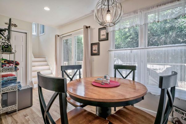 Dining room, Interior, Pendant Lights, Recessed Lighting, Wood Texture Flooring