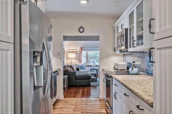 Interior, Kitchen, Living room, Recessed Lighting, Stainless Steel Appliances, Wood Texture Flooring