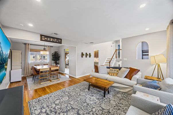Dining room, Interior, Living room, Pendant Lights, Recessed Lighting, Wood Texture Flooring