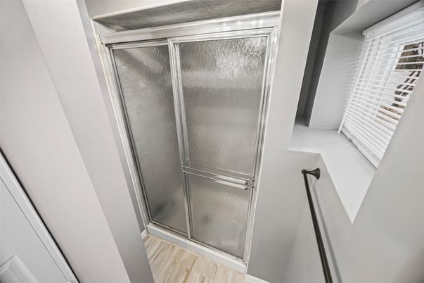 Bathroom, Glass Shower, Interior, Wood Texture Flooring