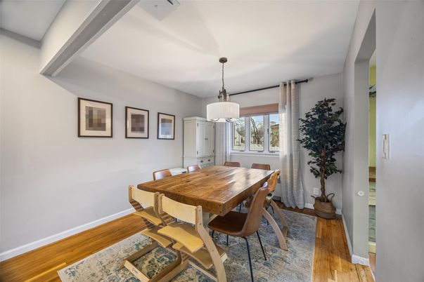 Dining room, Interior, Pendant Lights, Wood Texture Flooring